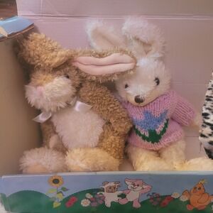 Hugfun International Spring Bunny Plush Set of 2 with Pink Sweater and Bow Boxed